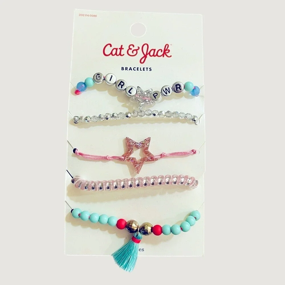 Cat & Jack Girls 5pc Bracelet Set Girl Power Star Tassel Pink Teal MULTI NWT